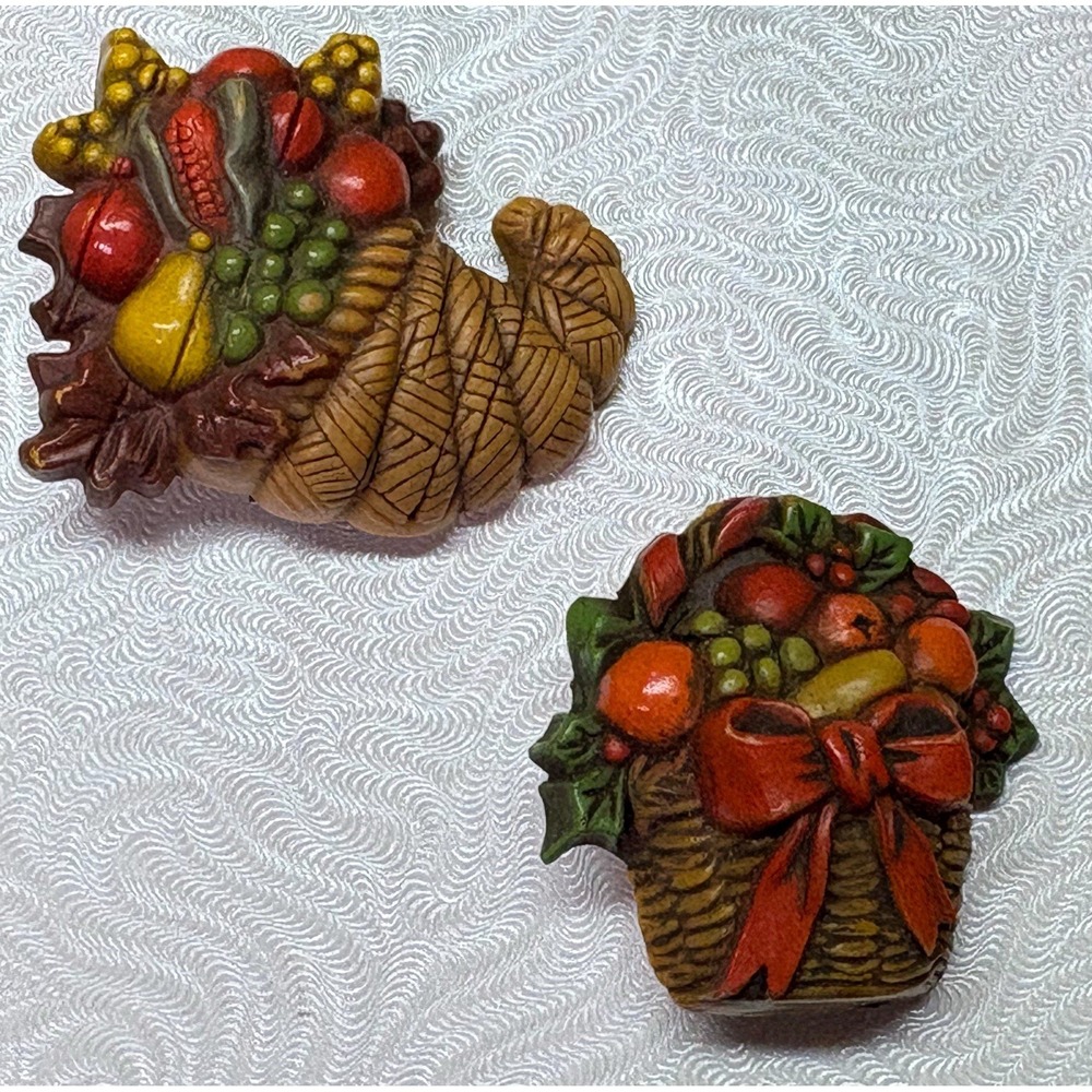 2 Vintage Basket  Acorn Cornucopia Thanksgiving Brooch Pins 2 Hallmark